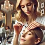 DALL·E 2024-09-21 23.52.15 - An image of a blonde-haired woman using a smaller, more precise tweezer to carefully remove the eyebrows of another woman in a highl